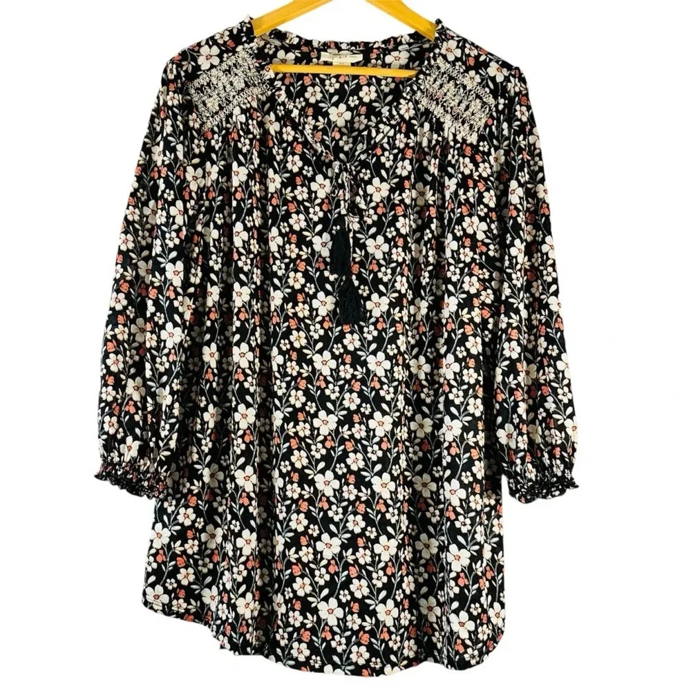 Style & Co. Floral Black Pink Cottage Peasant Tassel Blouse Size Women's 2x